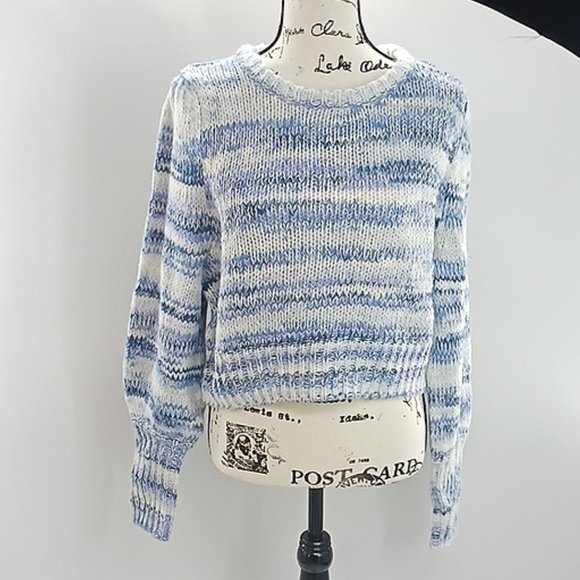 Wild Fable Striped Knit Sweater Cropped Crew Neck Blue Pullover Womens - Picture 2 of 7